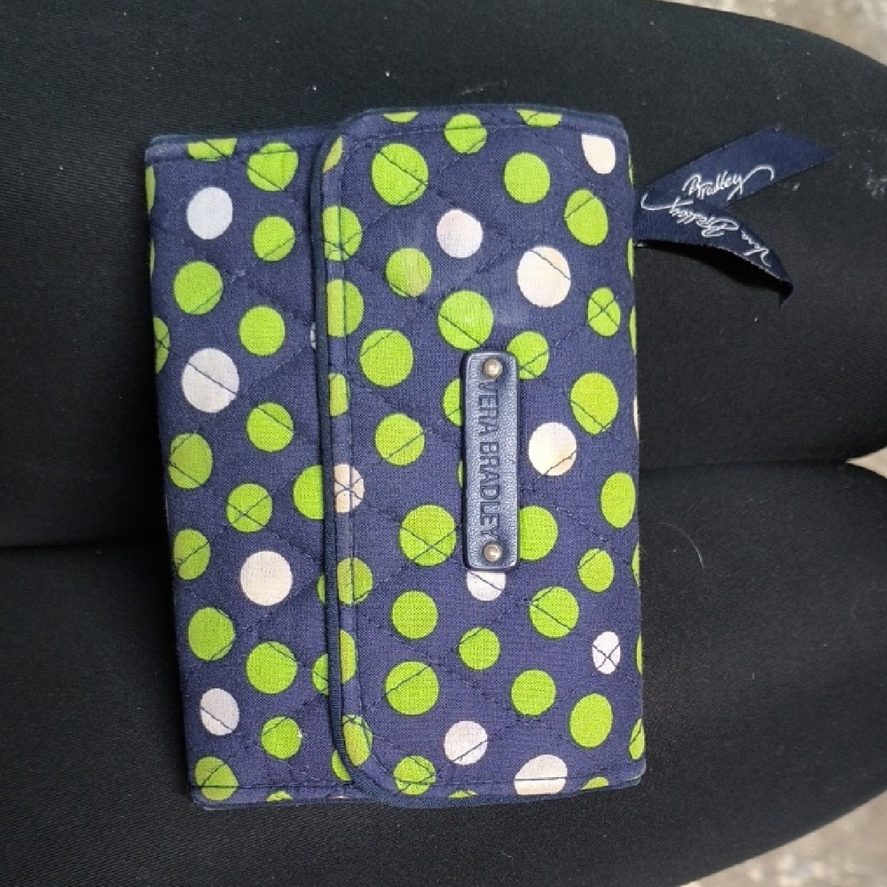 Vera Bradley Navy Phone Wallet with Lime and White Polka Dots
